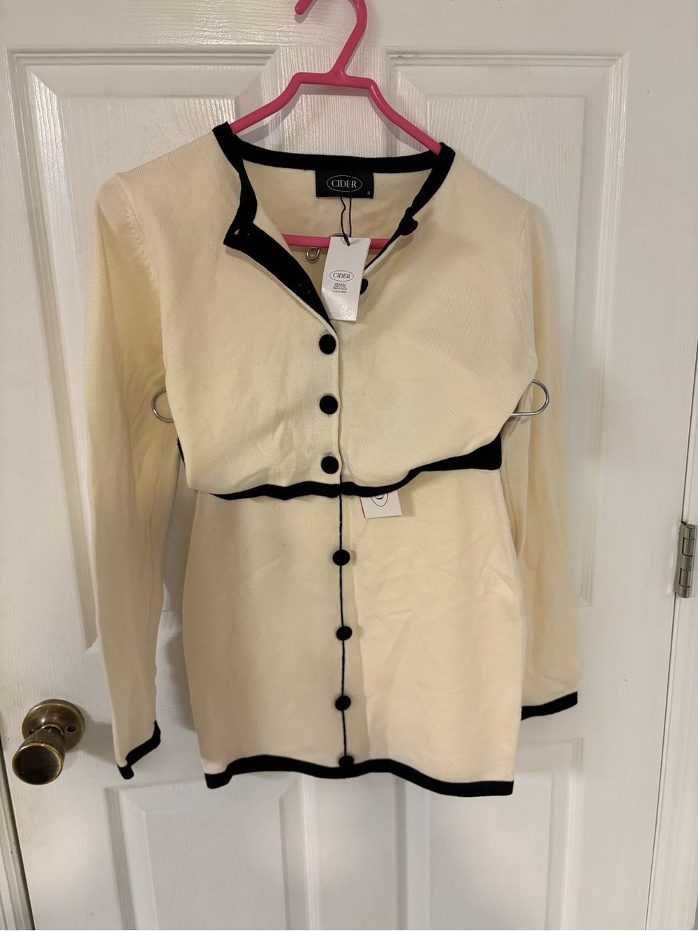 Cider Cream and Black Trim Cropped Button sweater top with matching skirt